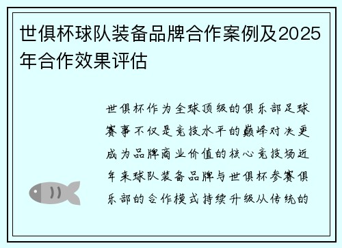 世俱杯球队装备品牌合作案例及2025年合作效果评估